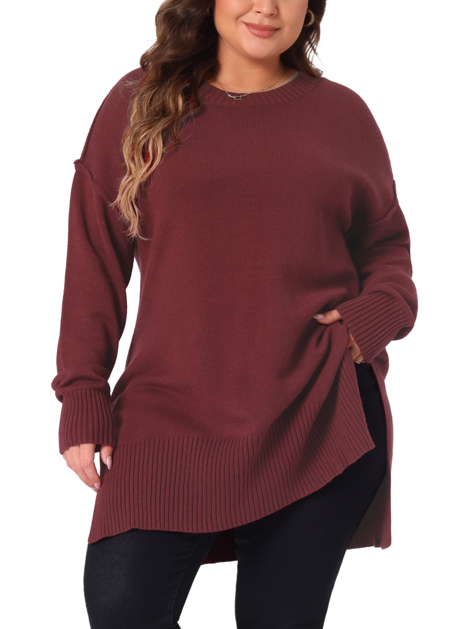 DARING DIVA Women's Plus Crew Neck Long Sleeve Slit Hem Pullover Sweater 3X Burgundy