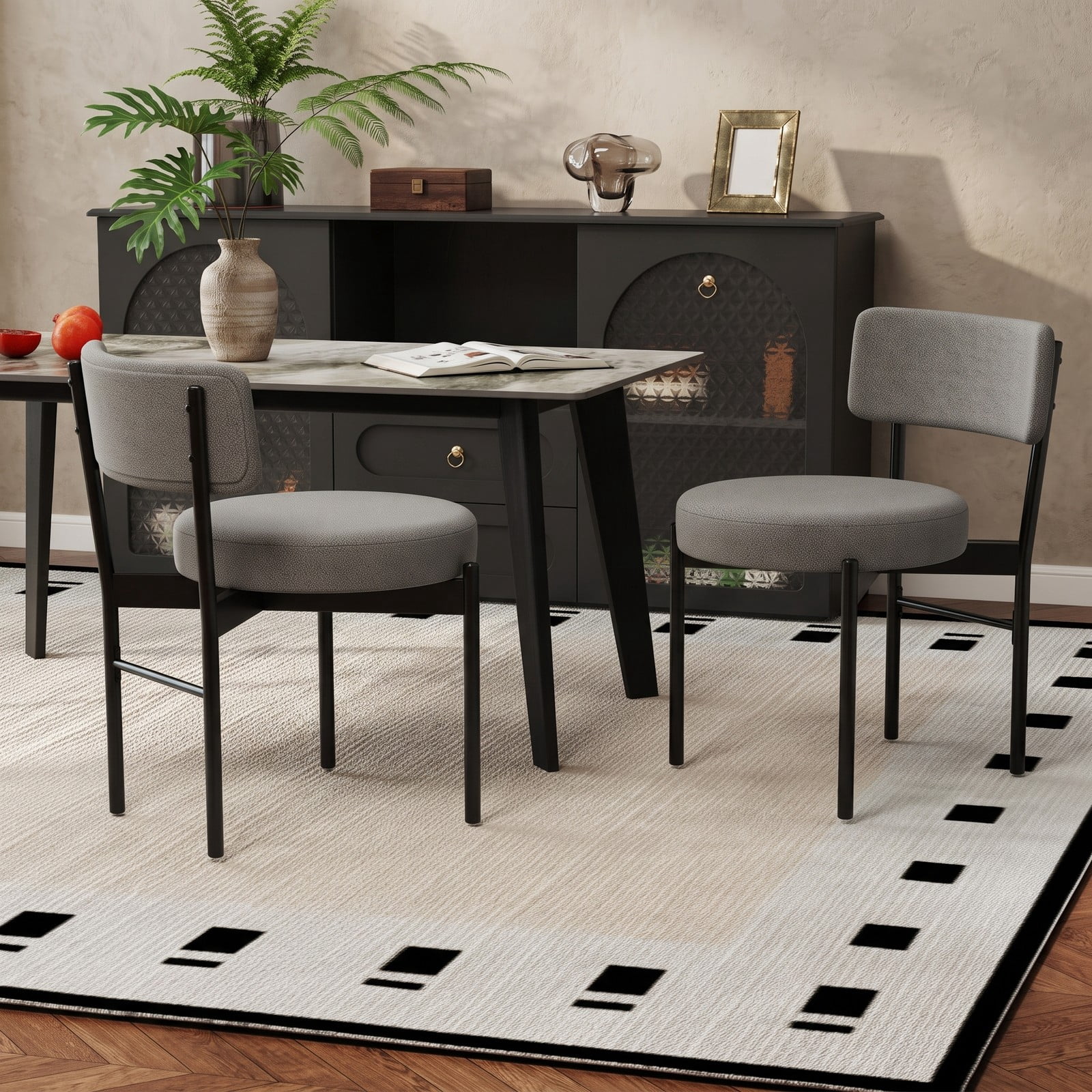 Furnibear Dining Chair Set of 2, Upholstered Sherpa Fabric Kitchen Chairs with Curved Backrest, Padded Seat and Metal Legs for Dining Room, Cafe, Restaurant, Gray