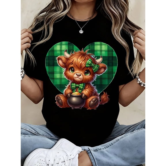 St. Patrick's Day Cute Cow T-Shirt With Green Plaid Heart And Pot Of Gold Design For Women, Irish Festival Shirt, Lucky Animal Graphic Tee, Unisex White Cotton Top