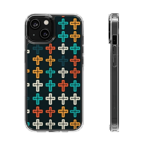 DistinctInk Hybrid (Acrylic / TPU) Clear Slim Fit Case for Apple iPhone 12 (6.1" Screen) - "Vibrant Alternating Christian Crosses Pattern"