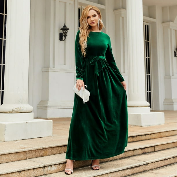 slim fit dress slacks Hunter Green Velvet Bridesmaid Dress A-Line Maxi Short Sleeve V-Neck main image 1
