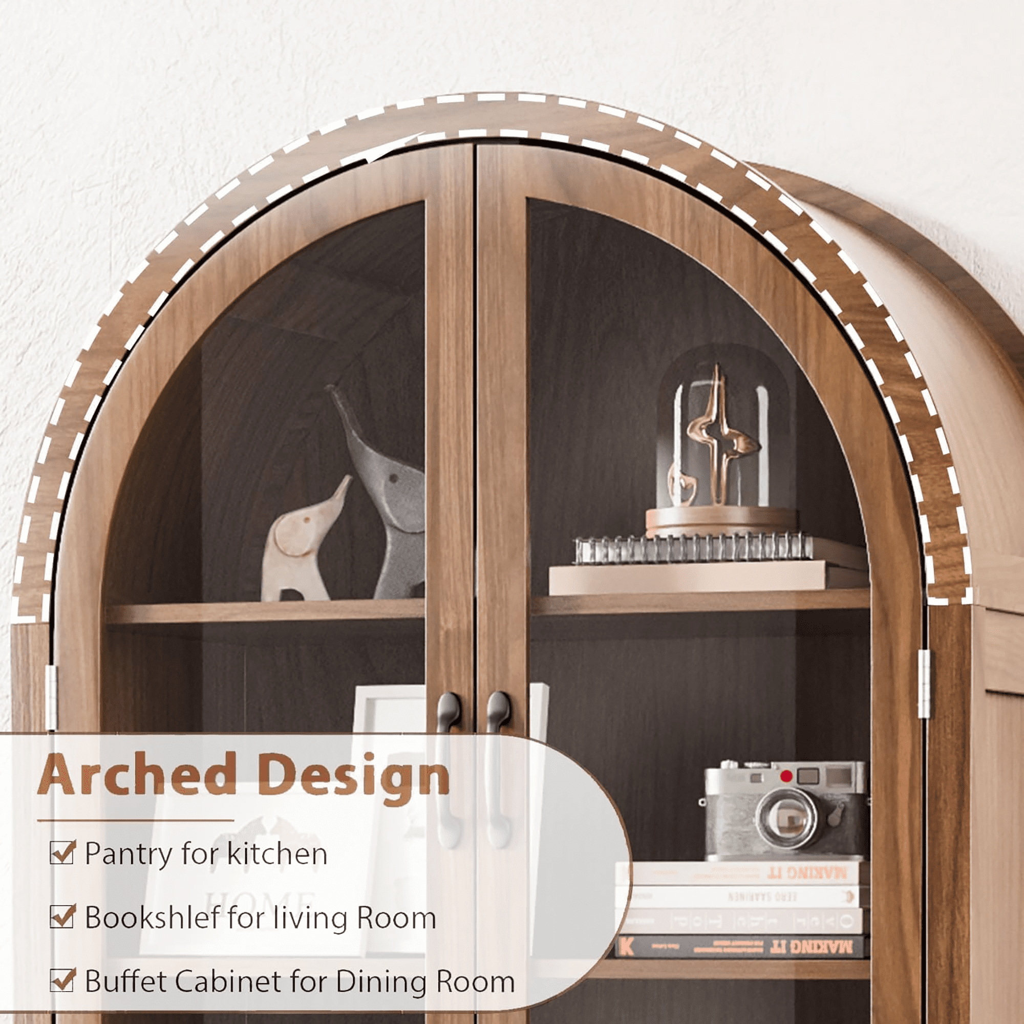 70.9"Tall Arched Display Cabinet with Acrylic Glass Doors, Modern Farmhouse Kitchen Pantry Cabinet, 5-Tier Versatile Cupboard for Living Dining Room(Walnut, 31.5"W)