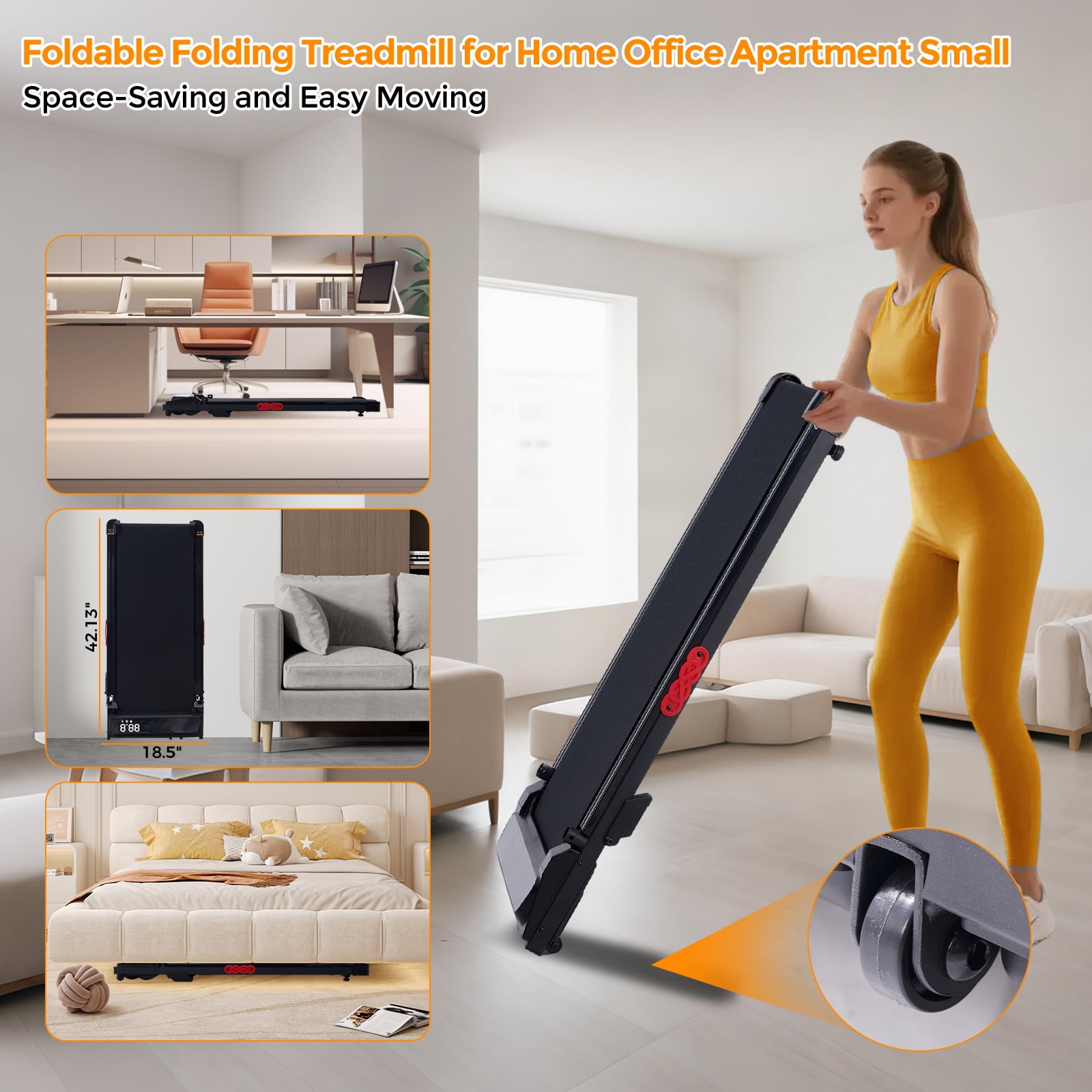 HevGlrm Walking Pad Treadmill with Handles for Home Workouts,Portable Compact Treadmills Under Desk Walking Pads with LED Display,350lbs Capacity