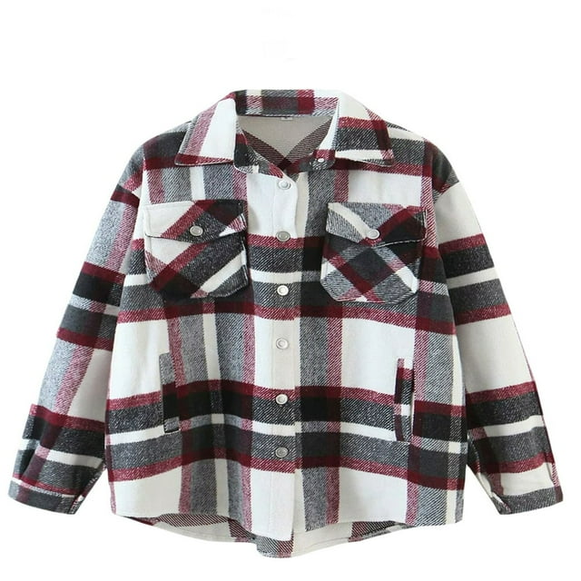 Women Long Sleeve Loose Spring Fall Shirts Coat Girl Plaid Wool Buttons With Pockets Jacket Dark Green L