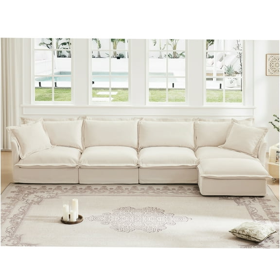 JERFIT Modular L-Shaped Sectional Sofa with Chaise, Removable Soft Chenille Covers, Deep Seating Couch for Living Room, Cream