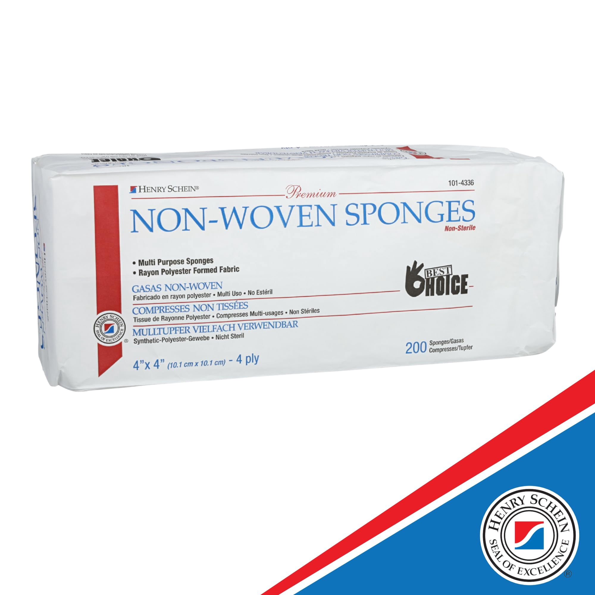 Henry Schein Premium Gauze, Rayon/Polyester Blend Non-Woven Sponges, 4 in x 4 in 4 Ply Non-Sterile, 4-Ply, 200/Pack - 10 Packs - Total 2000 counts