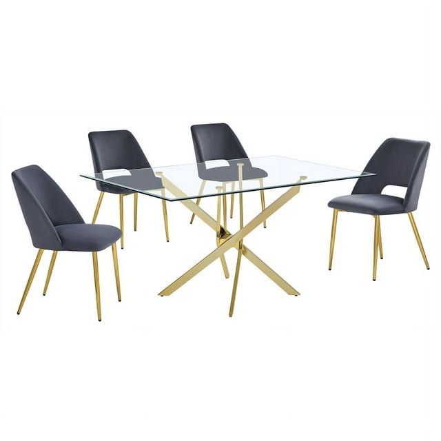 Rectangle 60 "x 38" 5pc Verre Clair Ensemble de Salle à Manger avec des Chaises Gris Foncé