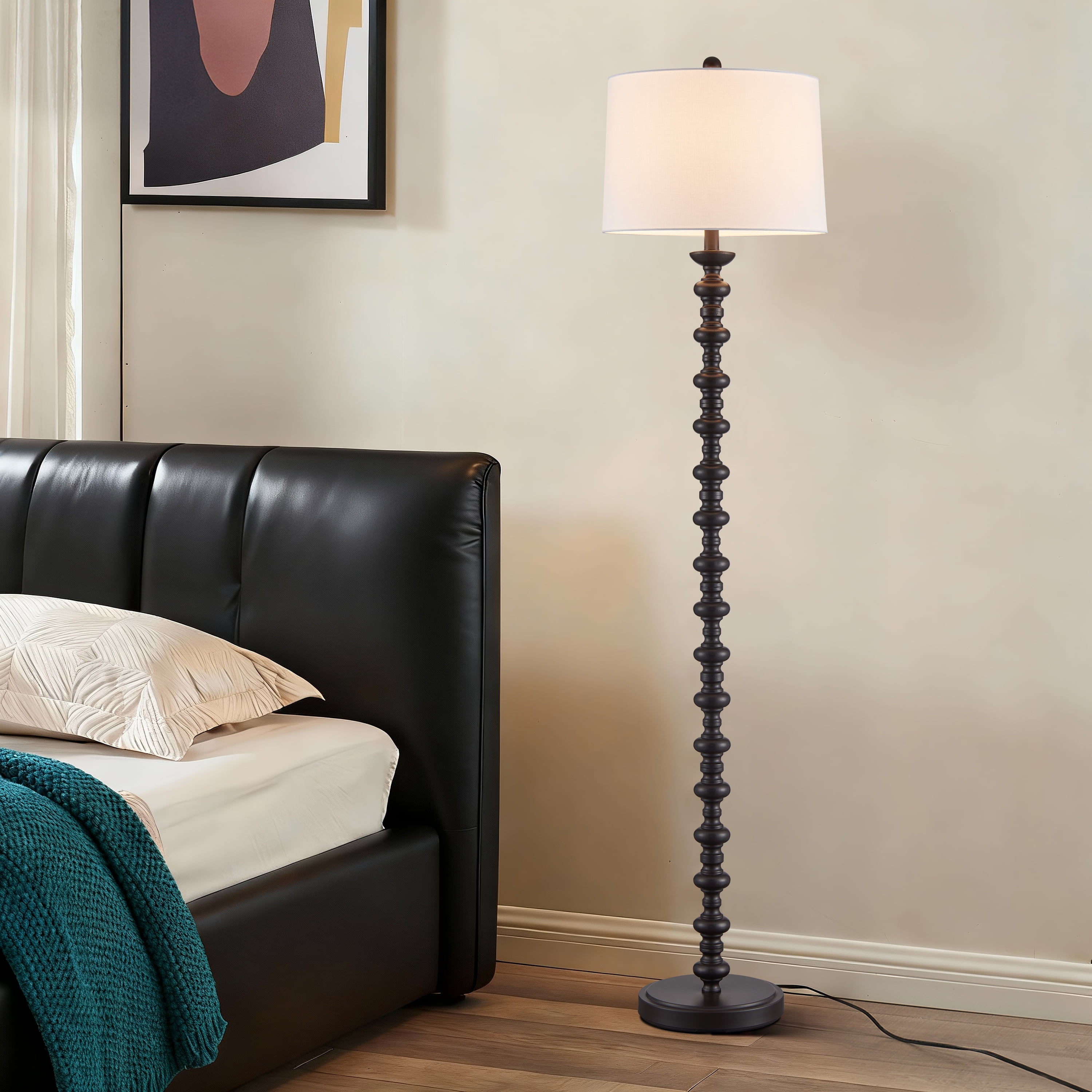 KAWOTI Classic Bronze Floor Lamp Resin Standing Lamp with White Linen Drum Shade