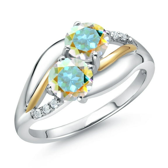 Gem Stone King 925 Sterling Silver and 10k Yellow Gold Mercury Mist Mystic Topaz and White Lab Grown Diamond 2 Stone Engagement Ring for Women (1.14 Cttw, Round 5MM, Gemstone, Size 9)