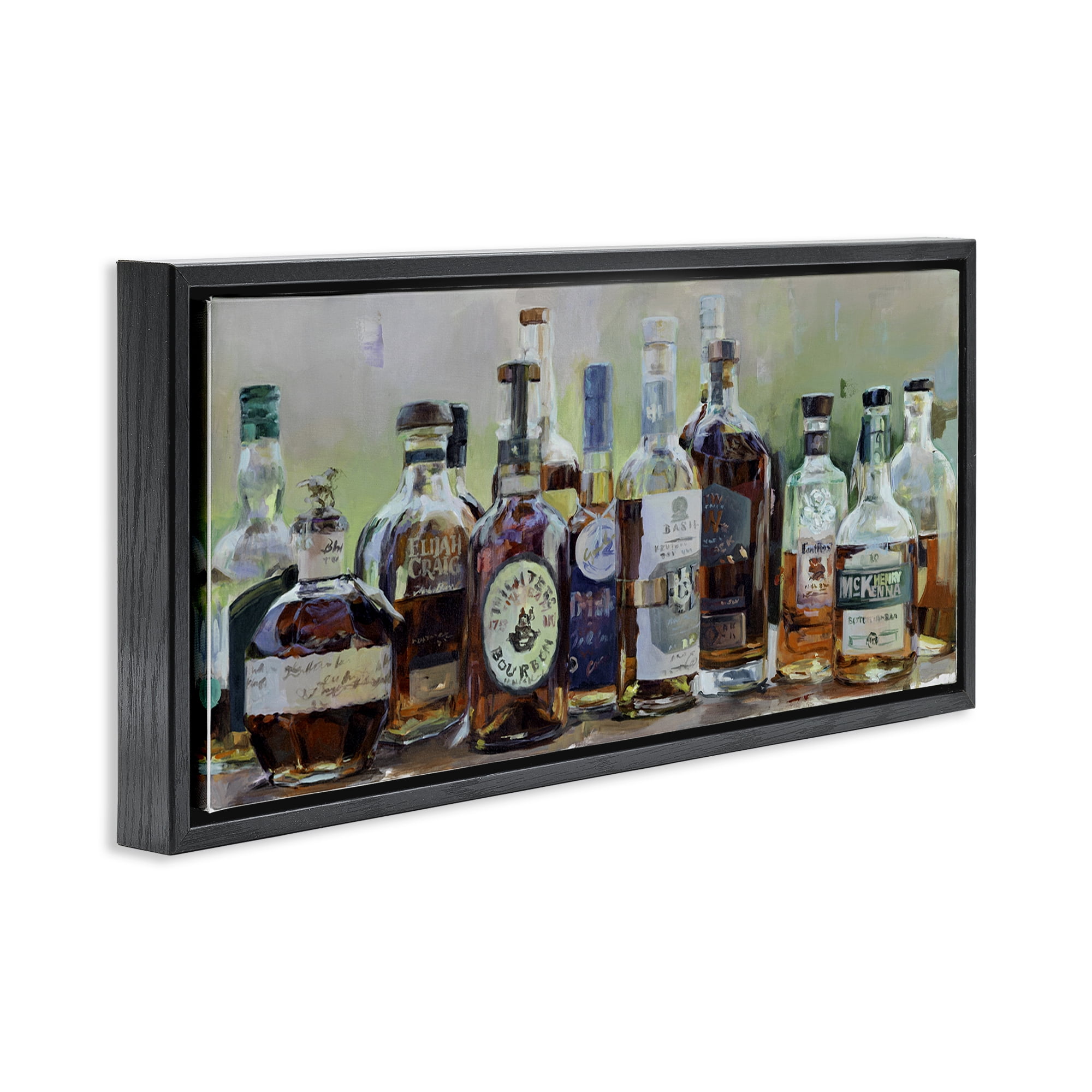 Stupell Industries Vintage Whiskey Bottles Display Black Framed Floater Canvas Wall Art, design by Marilyn Hageman