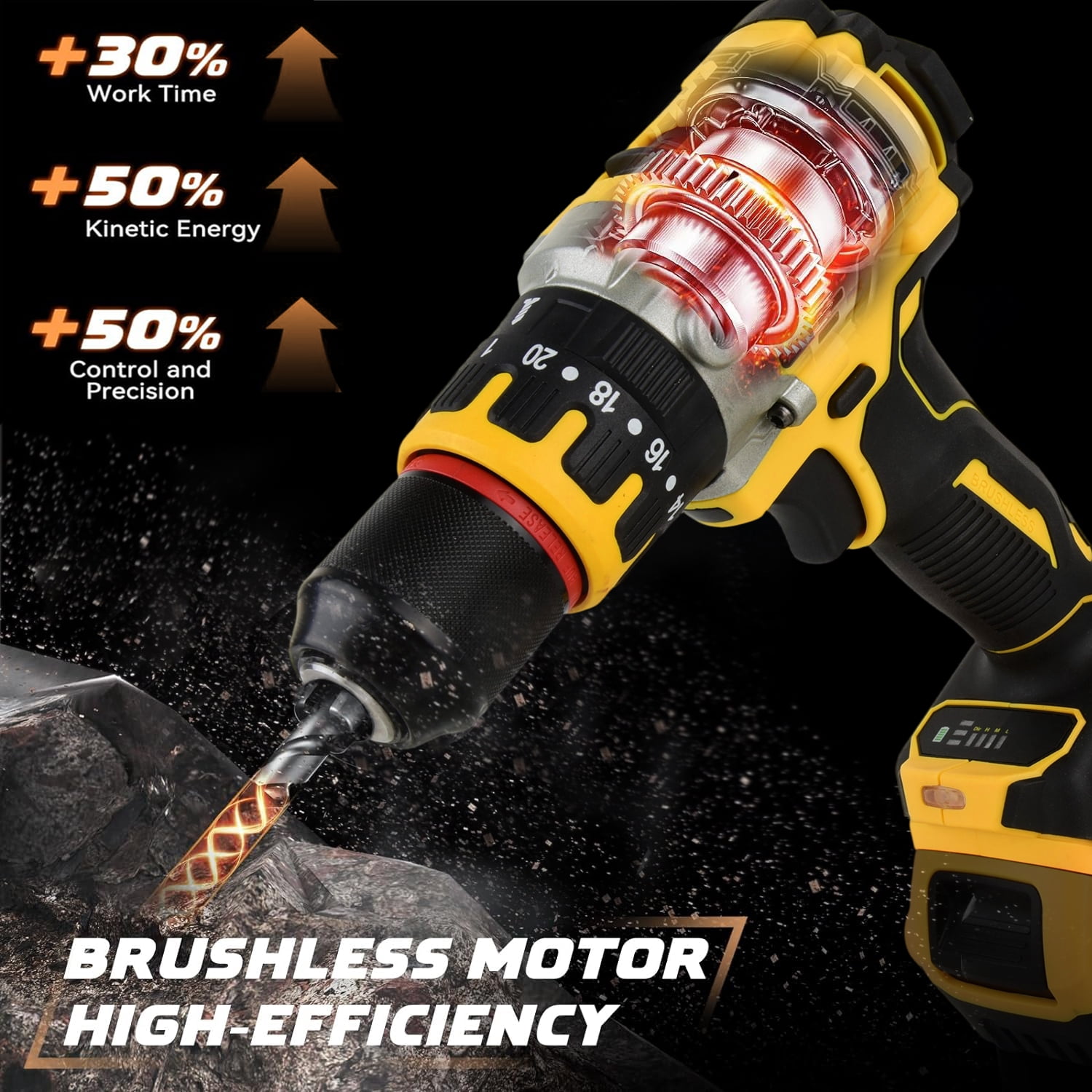 Hammer Drill Compatible with Dewalt 20V Max Battery (No Battery) Cordless Drill/Driver with Brushless Motor, 1/2" Keyless Metal Chuck,for Drilling Brick Wall, Metal, Wood, Screws (Yellow)