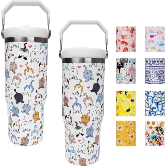 30 oz Flip Straw Tumbler with Top Handle Insulated Resuable Vacuum Tumbler with Flip Straw and Handle for Home Office Car Dishwasher Safe Cat