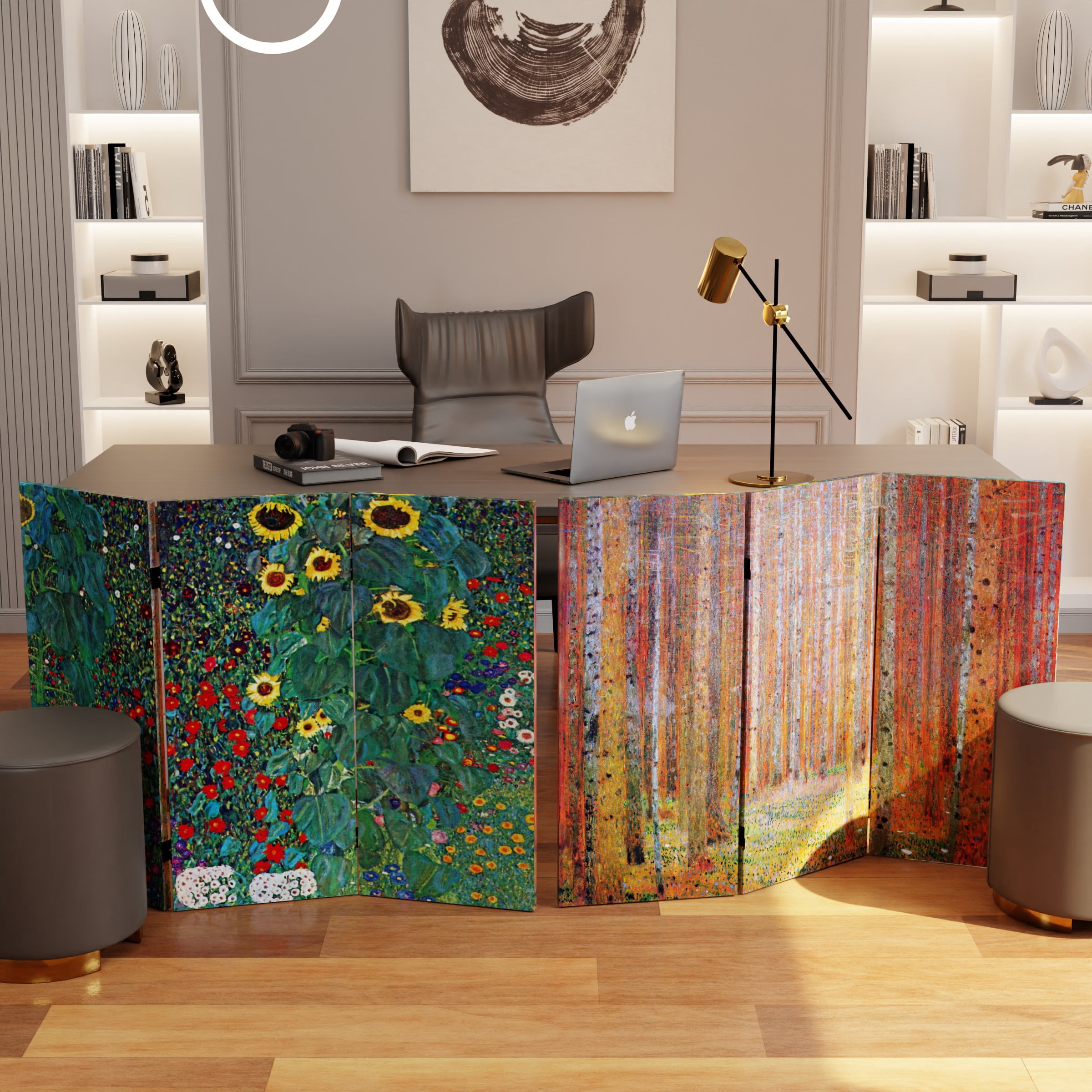 Red Lantern 3 ft. Short Klimt Canvas Folding Screen - Tannenwald/Farm Garden