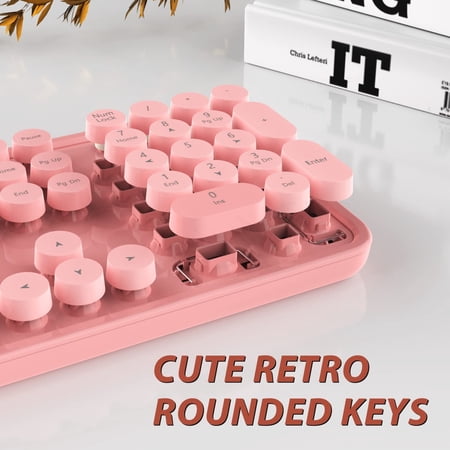 Wireless Keyboard Cute Colorful 104 Keys Typewriter Retro Round Keycaps Keyboard for PC Laptop Desktop Windows Home and Office Keyboards(Pink)