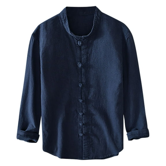 YYDGH Mens long sleeve Cotton Shirt Button up Loose Fit Vintage Shirts Banded Collar Tops Solid Color Breathable Shirt