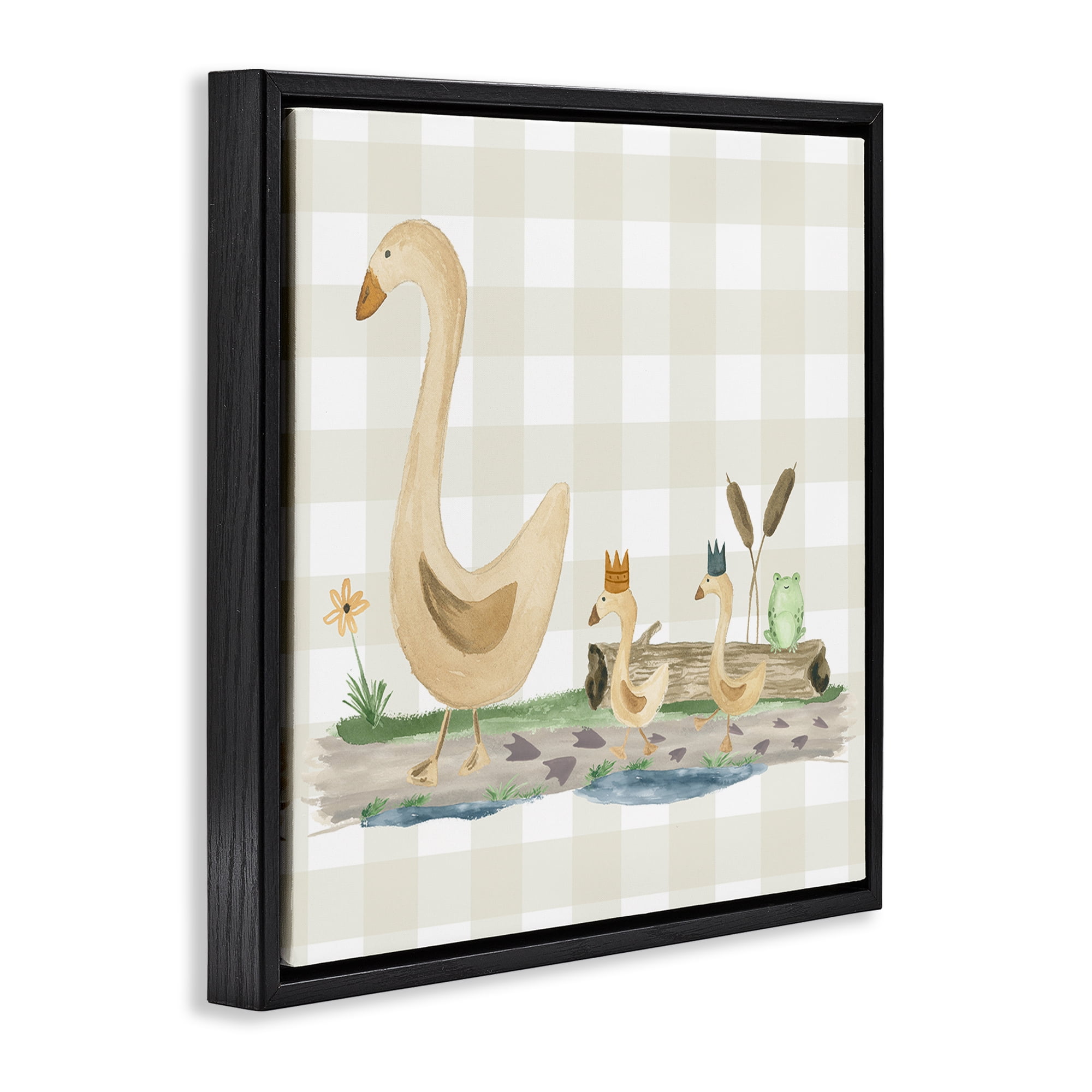 Stupell Industries Ducks on Yellow Plaid Animals Painting Black Floater Framed Canvas Art Print Wall Art, 25 x 25