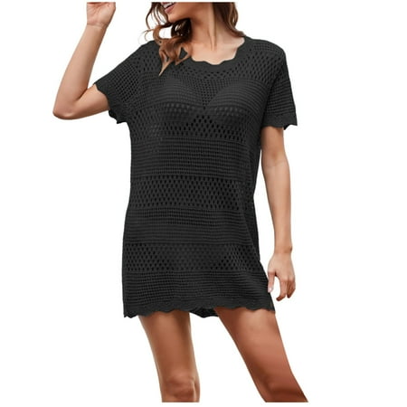 Riforla Women Swimsuit Cover up Crochet Hollow Out Cover up Summer Bikini Swimwear Beachwear Beach Dress Ladies Casual Black XL