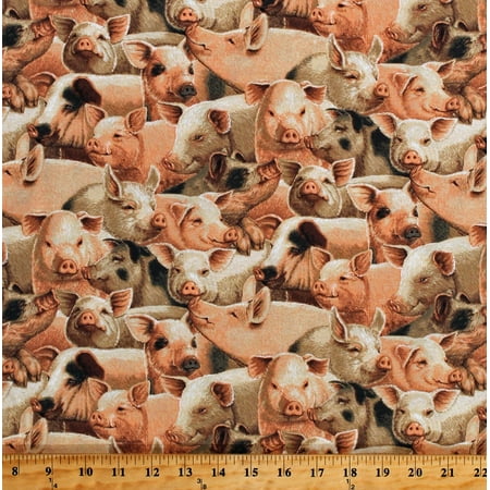 Fabric Barnyard - Cotton Pigs Allover Barnyard Farm Animals Pink Brown Cotton Fabric Print by the Yard (5749B-7B)