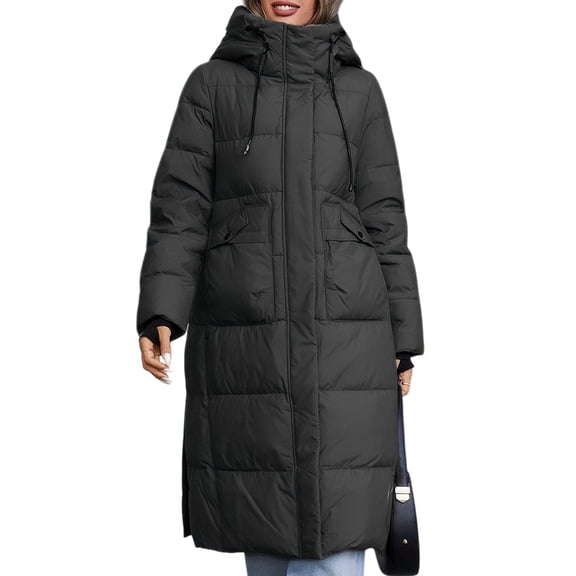 Women's Winter Black Hooded Stand Collar Long Down Jacket - Internal/External Pockets, Windproof Waterproof Warm, S