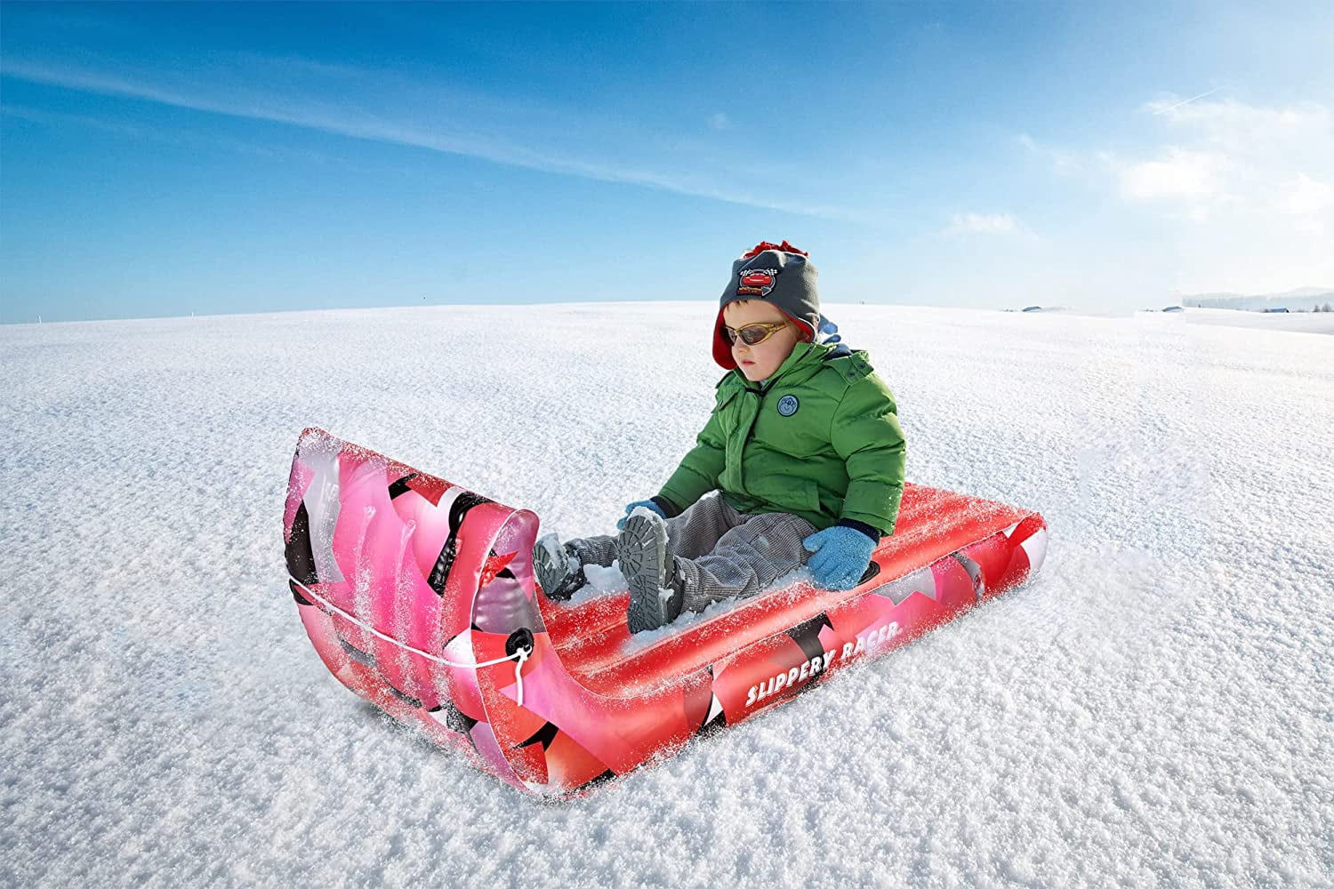 Slippery Racer Giant Inflatable Toboggan Snow Sled for Adults and Kids, Durable Heavy Duty, 2 Pack Red and Blue, 60"
