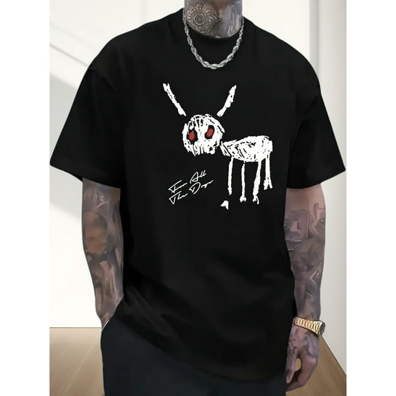 Men's Black Cotton Graphic T-Shirt - "for All The Dogs" Skeleton Design, Casual Short-Sleeve Crewneck, Breathable Summer Top, 220g Heavyweight, Machine Washable