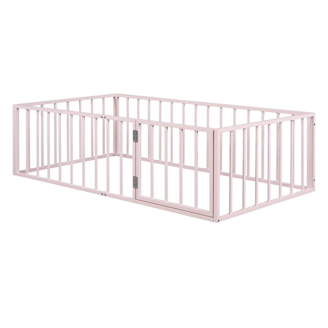 Twin Size Metal Floor Bed Frame with Fence and Door, Montessori Bedframe, No Box Spring Needed, Easy to Install, Pink