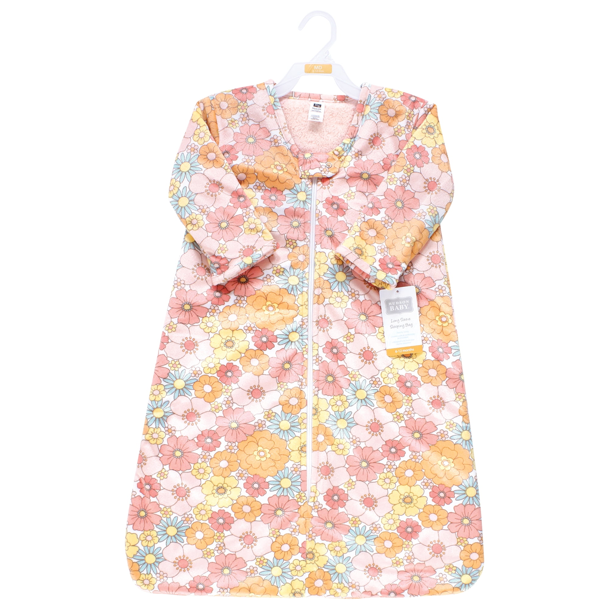 Hudson Baby Girls Long Sleeve Plush Faux Fur Sleeping Bag, Wearable Blanket, Peace Love Flowers, 6-12 Months