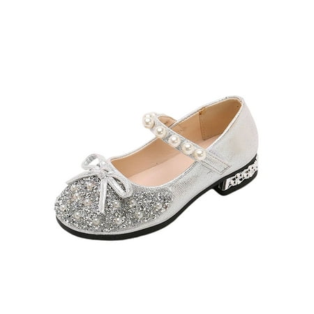 

Woobling Kids Dress Shoes Comfort Mary Jane Ankle Strap Flats Party Princess Shoe Non-Slip Bow Lightweight Silver 11.5C