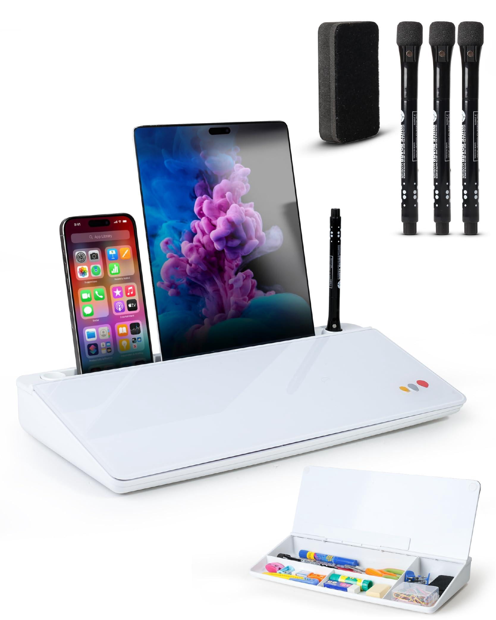 Small Glass Desktop Whiteboard With Storage 15.3"x7.08"x2.16" Inch Desk White Board Markers & Duster  Dry Erase Buddy Organizer For Home Office School (white)