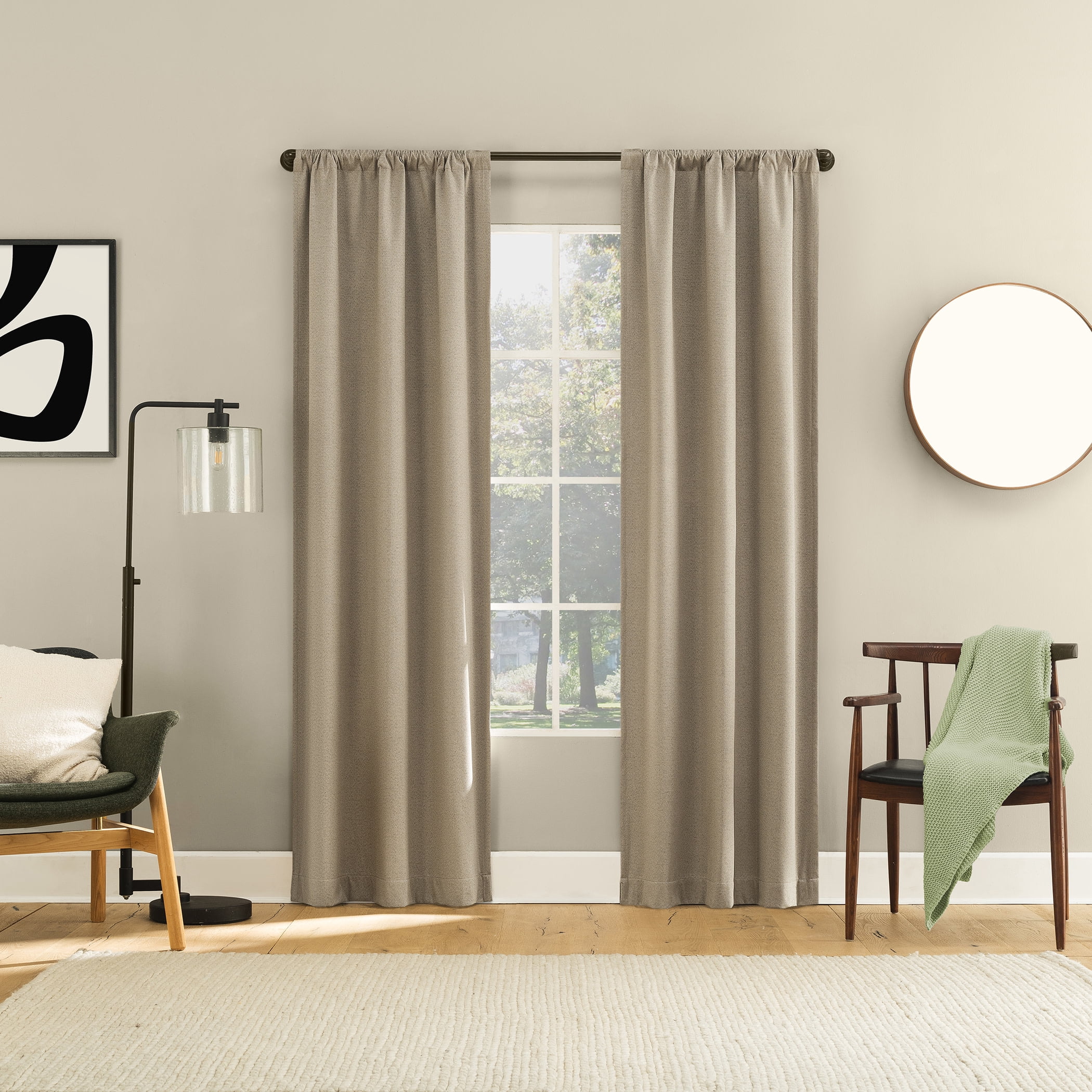Sun Zero Prescott 2-pack Herringbone Magnetic Closure 100% Blackout Rod Pocket Curtain Panel Pair, 37"W x 84"L, Dark Beige