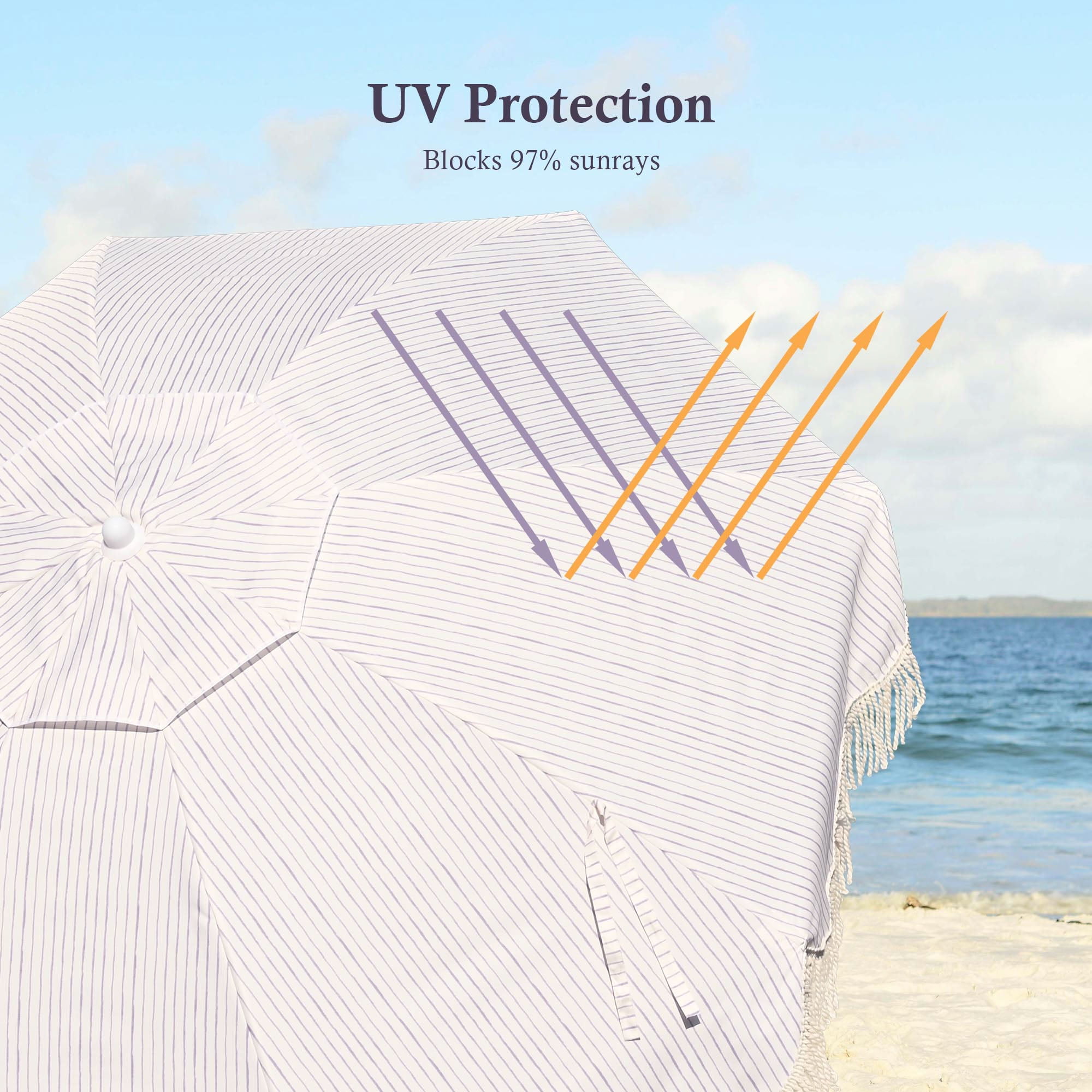 LAGarden 6Ft Fringe Patio Umbrella with Push Button Tilt Carry Bag UV30+ Outdoor Beach Yard Pool Party Deck Purple Stripe