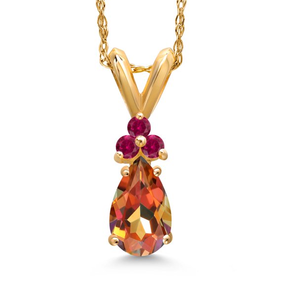 Gem Stone King 14K Yellow Gold Ecstasy Mystic Topaz and Red Created Ruby Pendant Necklace for Women | 0.90 Cttw | Gemstone November Birthstone | Pear Shape 7X5MM | With 18 inch Chain