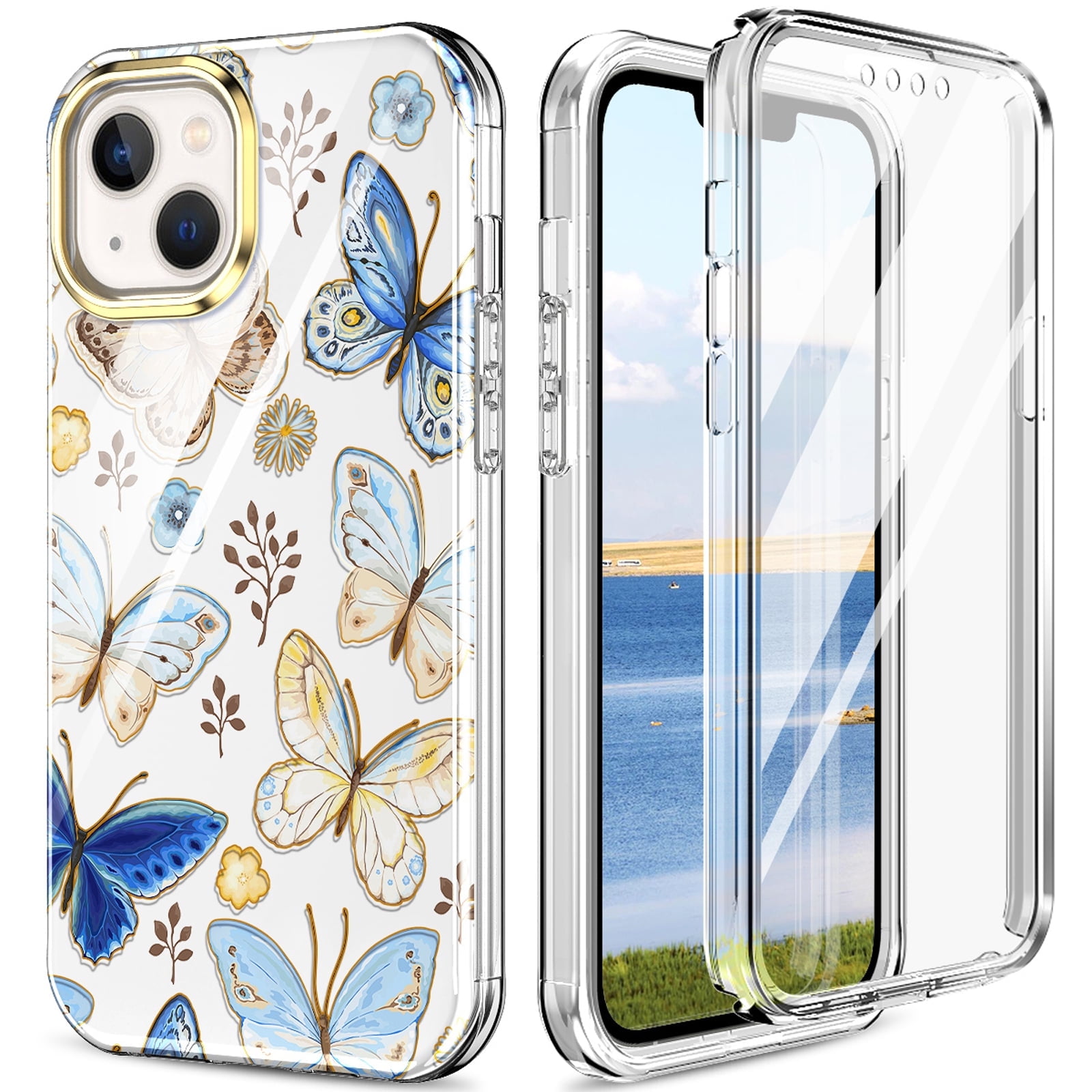iPhone 15 Plus Case with Screen Protector, Wireless Charging Shockproof Drop Protection Dual Layer Rugged Hybid Back Cover with TPU Impact Resistant Bumper for Apple 15+, Blue Gold Butterfly