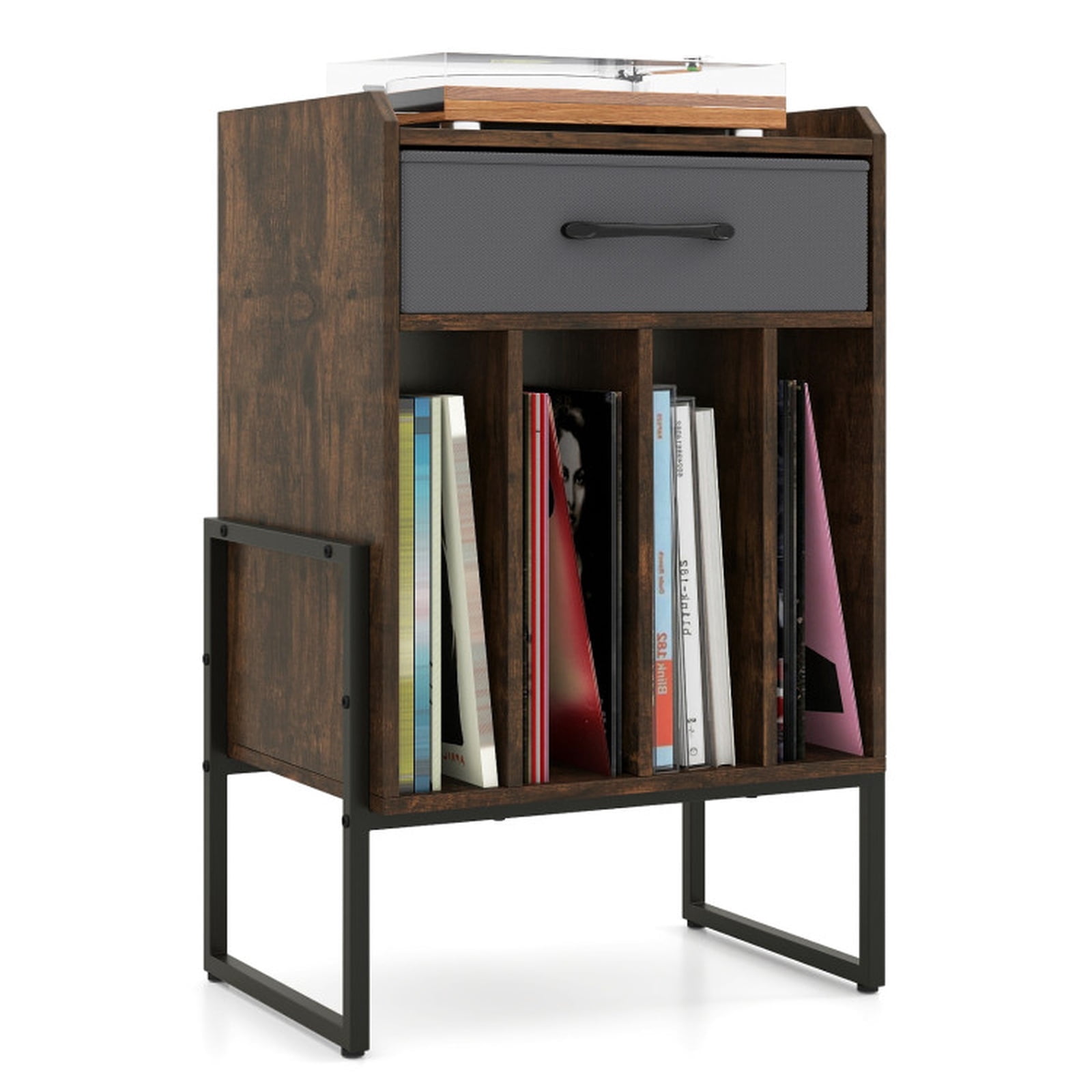 Furnibear Record Player Stand with Vinyl Storage & Drawer, Mid-Century Modern Turntable Console Table, Wood Audio Stand for LPs, Amplifier, Speakers