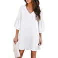 thumbnail image 2 of YAYUBA Vacation Outfits for Women Fashion Loose Casual Solid Color V Neck Five Quarter Sleeve Flared Sleeve Dress Resort Wear for Women, 2 of 5