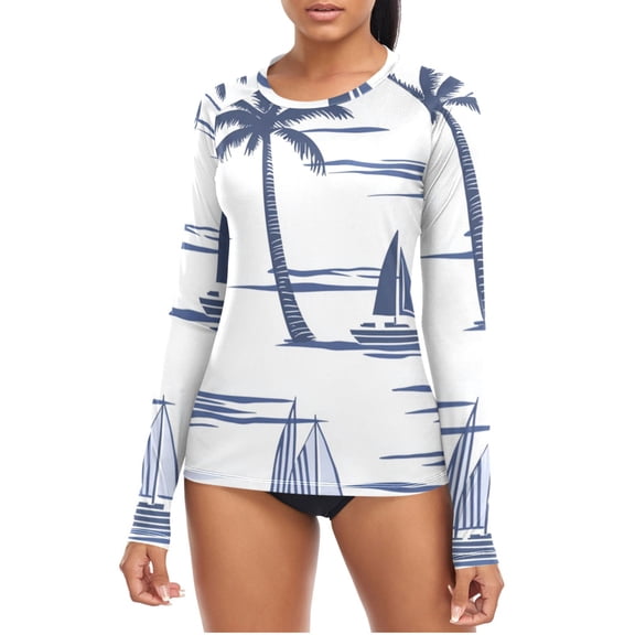 Boats Coconut Trees Navy Blue Women's Rash Guard Shirts UPF 50 Sun Protection Clothing Long Sleeve Swim Suits XS