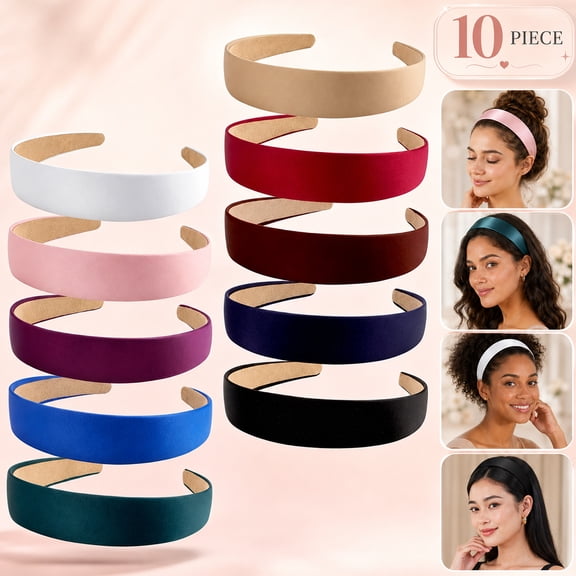Emlimny Headbands for Women,10 Pcs 1 Inch Wide Satin Headbands No Slip Fashion Thin Solid Hair Bands,Thick Solid Color Headbands for Daily Wear, Party, Cosplay, DIY Costume Hair Accessories