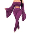 thumbnail image 2 of Tejiojio Fall Clearance Two-Piece Solid Women Off Shoulder Fold Shirring Short Top + Long Pants Set Suit, 2 of 5