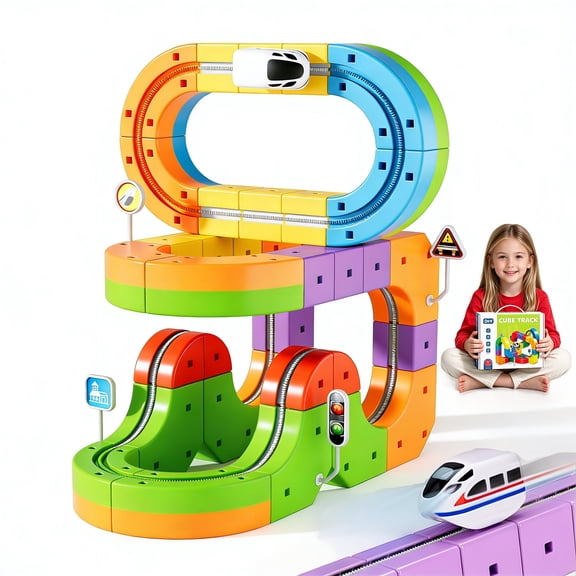 WLBES Electric Train Toy Set for Kids, 3D DIY Buildable Track Kit with Train & Traffic Signs, STEM Plastic Toy for Boys Girls Ages 3-8, Birthday Gift