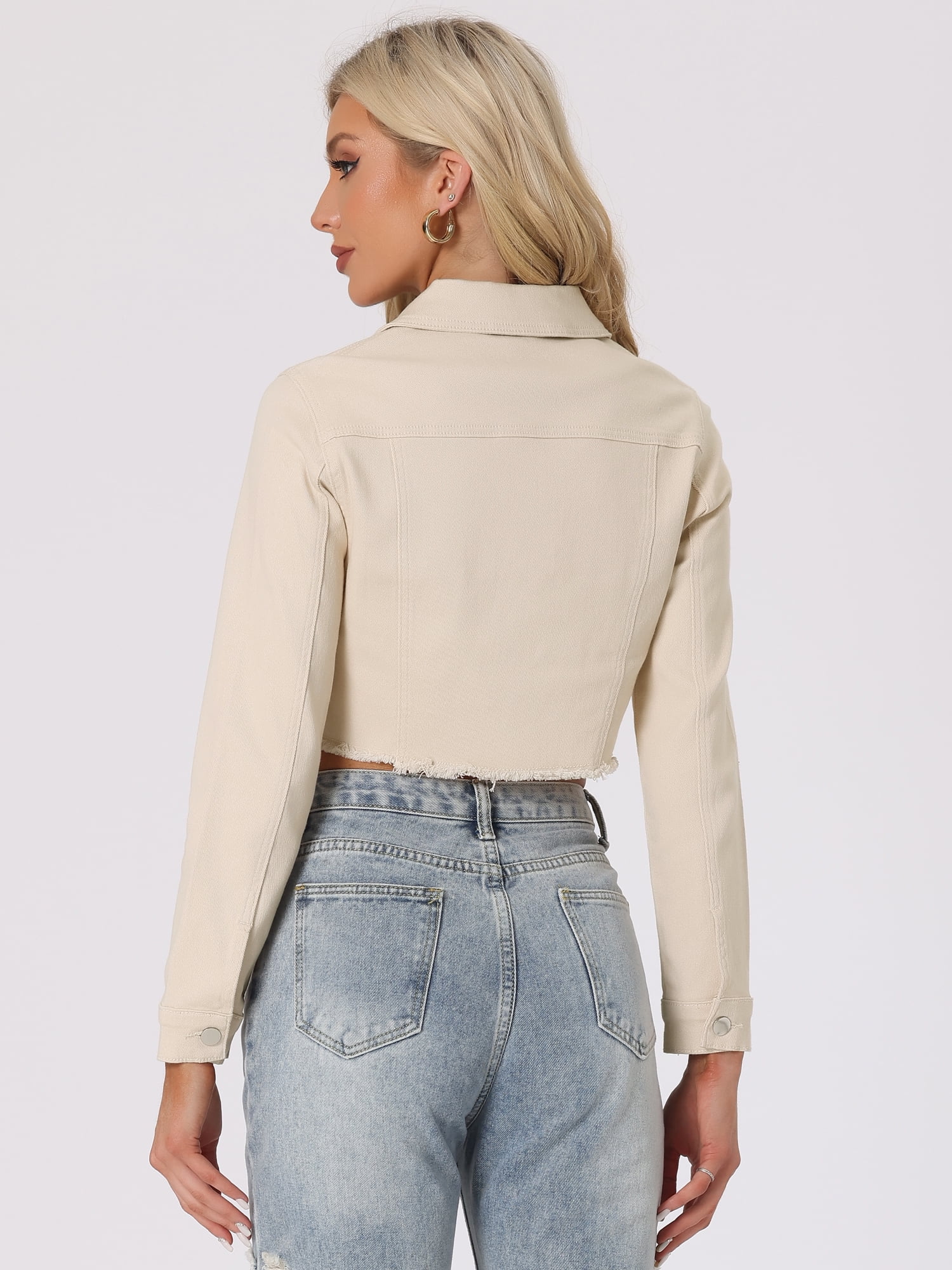 DARING DIVA Women's Frayed Button Up Washed Cropped Denim Jackets L Beige