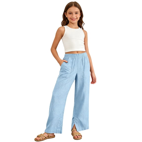 lnmuld Girls Solid Crinkle Gauze Wide Leg Pants Elastic Drawstring Split Hem Casual Beach Trousers Size:5-6 Years