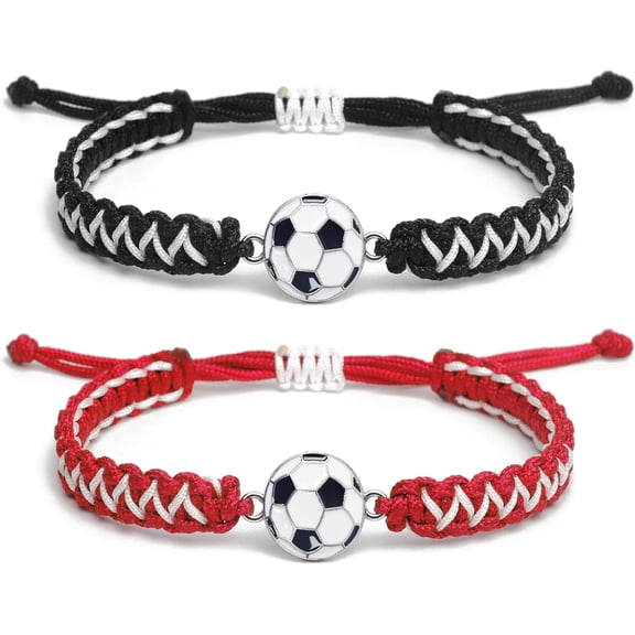 Soccer Charm Bracelet Gift 2PCS for Boys Girls Kids Adults | Stylish Sports Jewelry | Great Birthday or Coach Appreciation Gift(black red 2pcs)