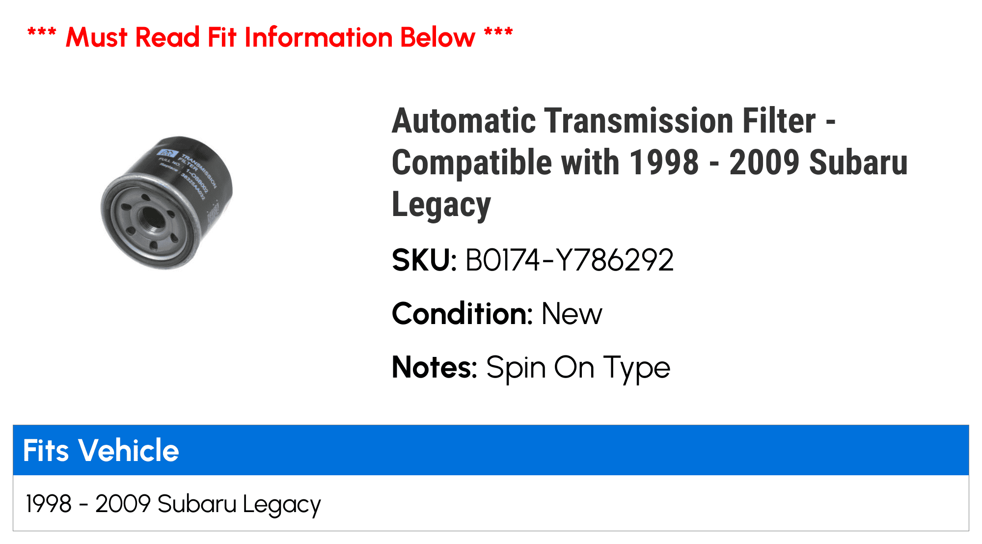 Automatic Transmission Filter - Compatible with 1998 - 2009 Subaru Legacy 1999 2000 2001 2002 2003 2004 2005 2006 2007 2008