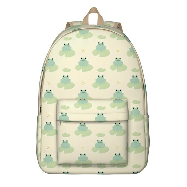 Green Frog Backpack – Forest Nature Style with Cartoon Frog, Flower, and Mushroom Print for Daily Use