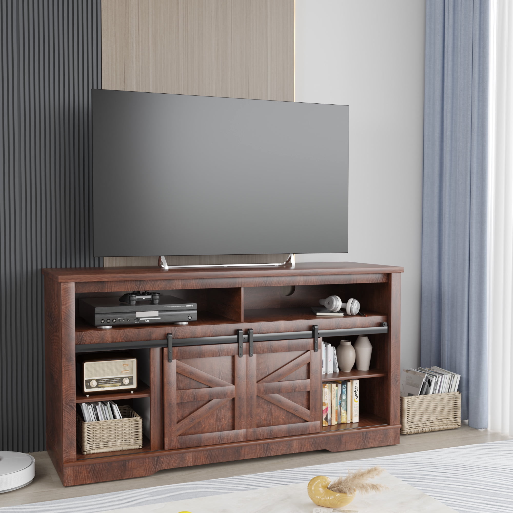 Homall Modern Farmhouse TV Stand with Electric Fireplace Media Storage TV Console Sliding Cabinet Doors,Brown