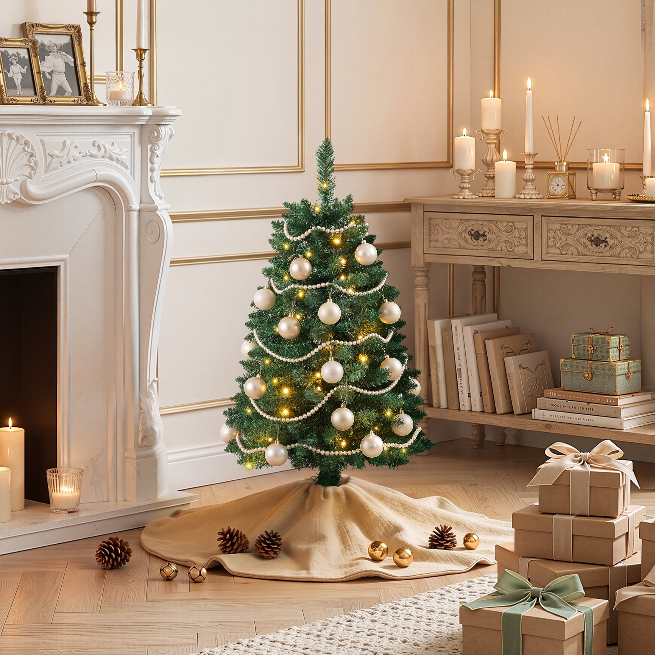 DR.Planzen 3FT Mini Pre Lit Christmas Tree - Artificial Tabletop Xmas Tree with 50 LED Lights, 8 Lighting Modes, 160 PVC Branches for Home Office Apartment Holiday Decorations