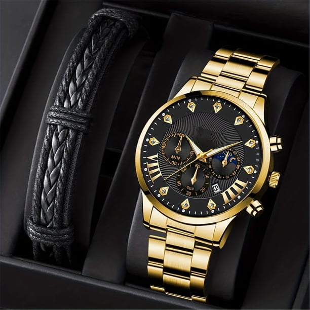 Diamond Dial Mens Steel Strap Watch With Sun Moon Star Calendar