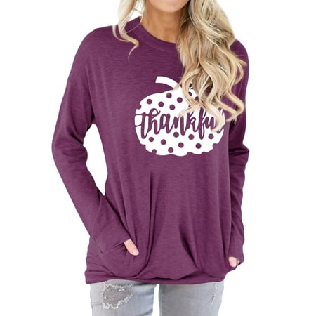 

TWY Women Pumpkin Graphic Letter Print Crew Neck Pocket Halloween Top