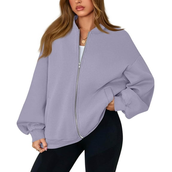 Mohiass Women's Sweatshirt Bomber Jacket Fleece Oversized Zip Up Hoodies Casual Long Sleeve Baseball Collar Outerwear Coat Light Purple 2XL