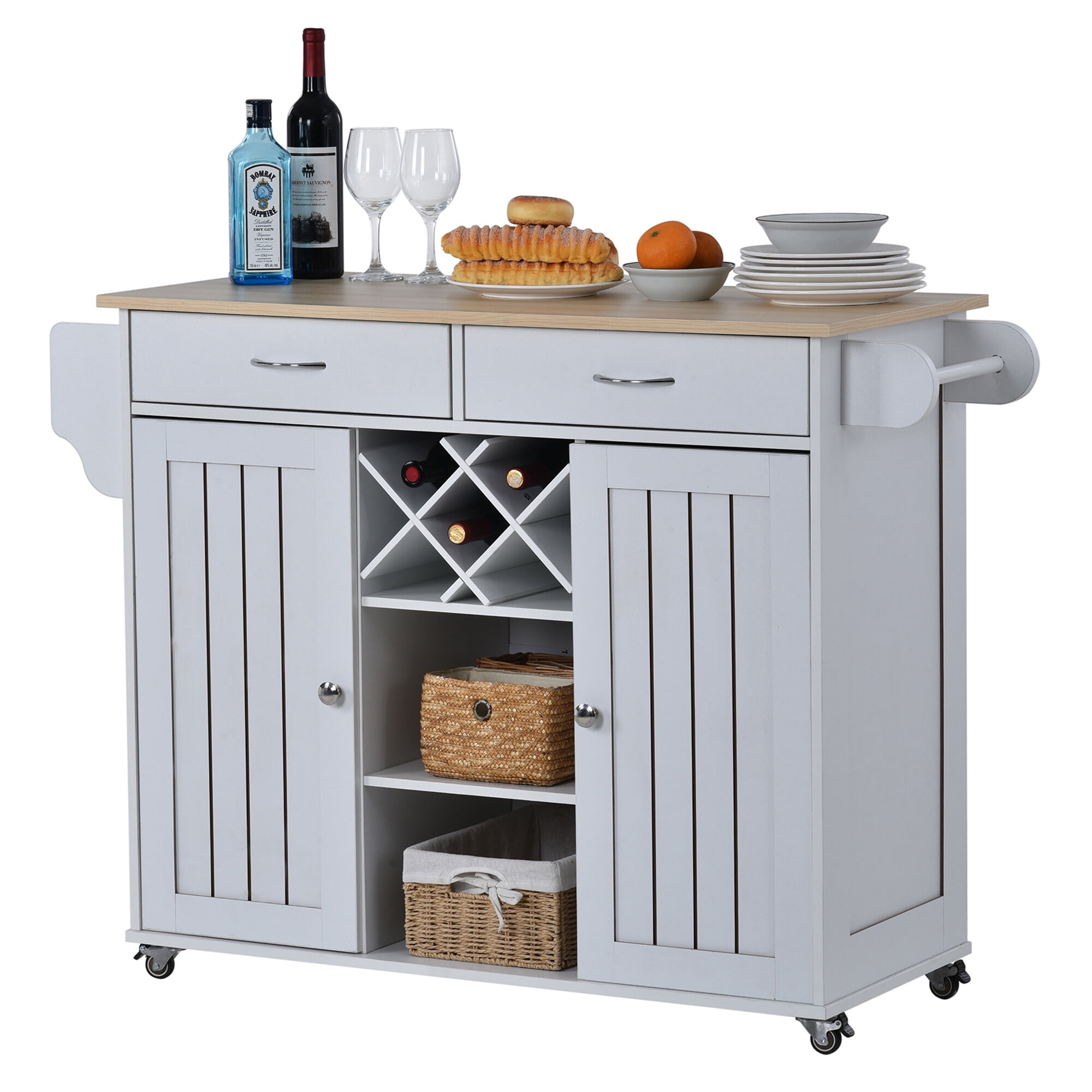 Modern White Bar Cart Wine Rack Table Storage Kitchen Island on Locking